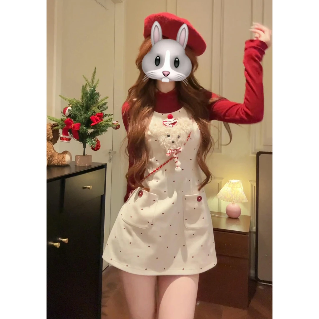 2025新款圣诞穿搭红色高领内搭背带连衣裙子秋冬a字收腰短裙套装