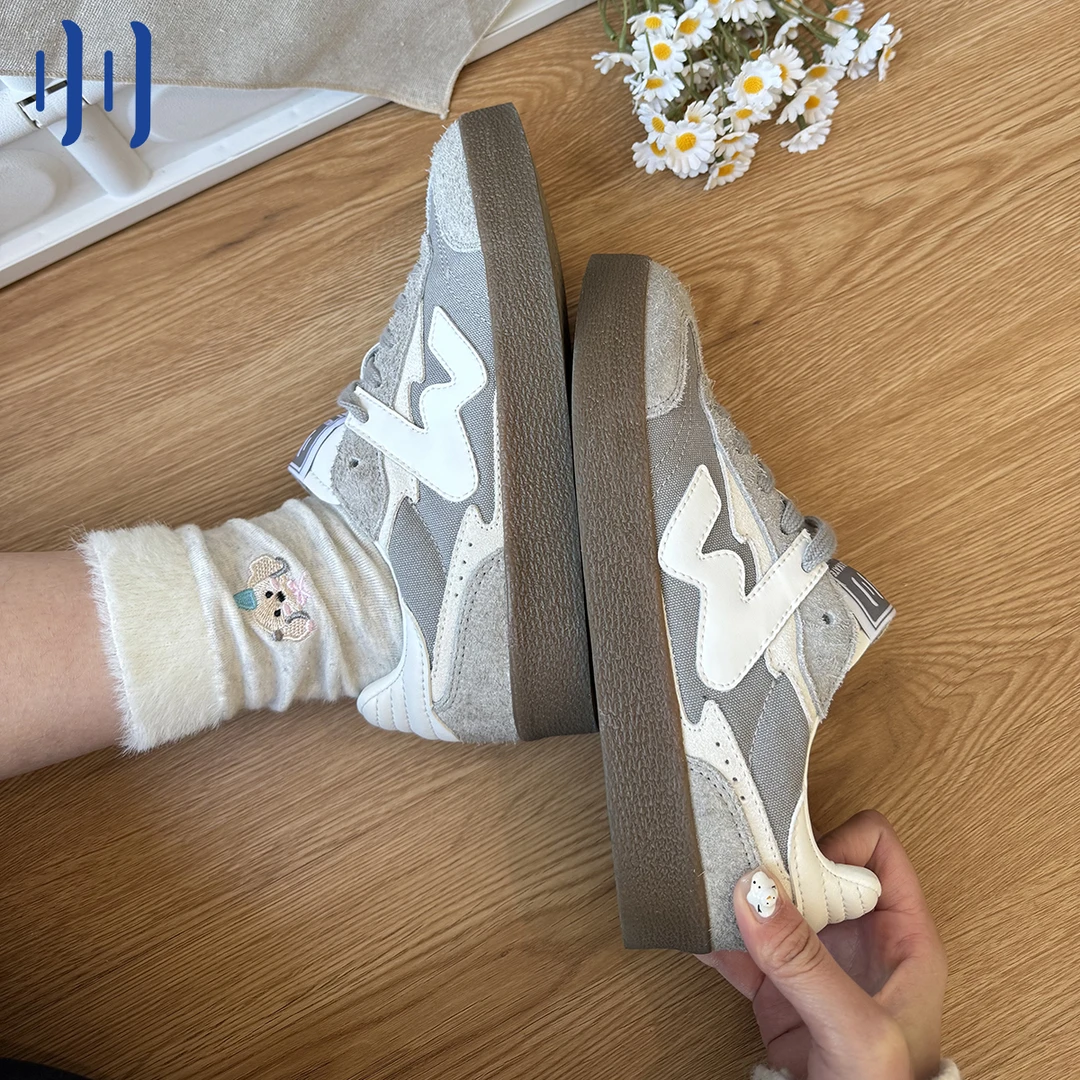 顽刻ollieskate灰白配色长毛绒秋冬款W系列男女国潮德训滑板鞋