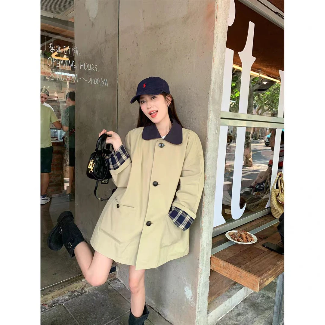 韩系卡其色格子拼接风衣外套女新款小个子中长款90152