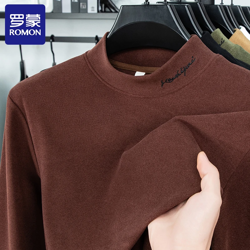 Romon/罗蒙秋冬季双面德绒打底衫长袖T恤男士半高领保暖男装T恤衫