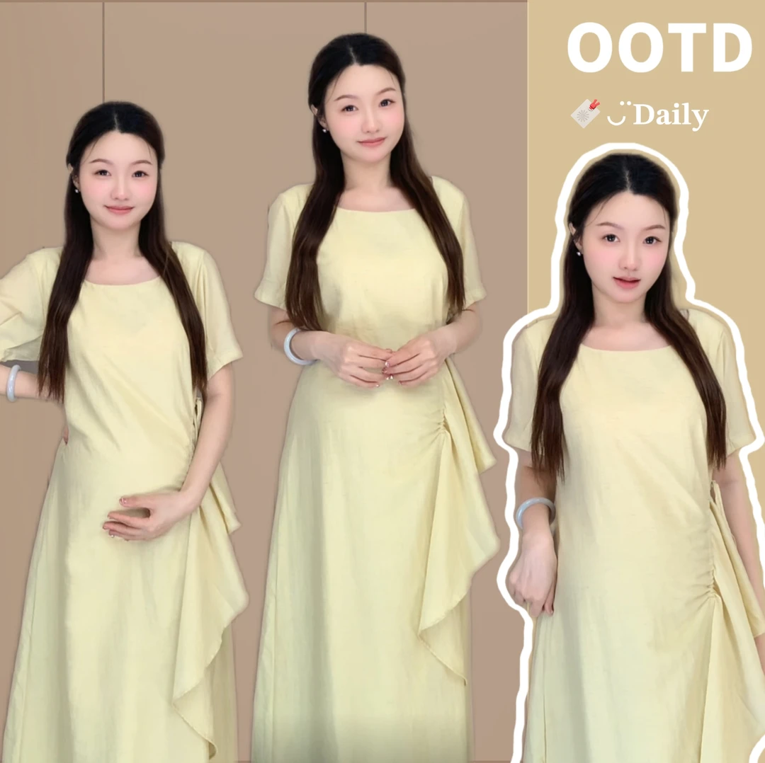 【壹点点甜】法式孕妇装设计感黄色抽绳连衣裙夏短袖中长款百搭长裙