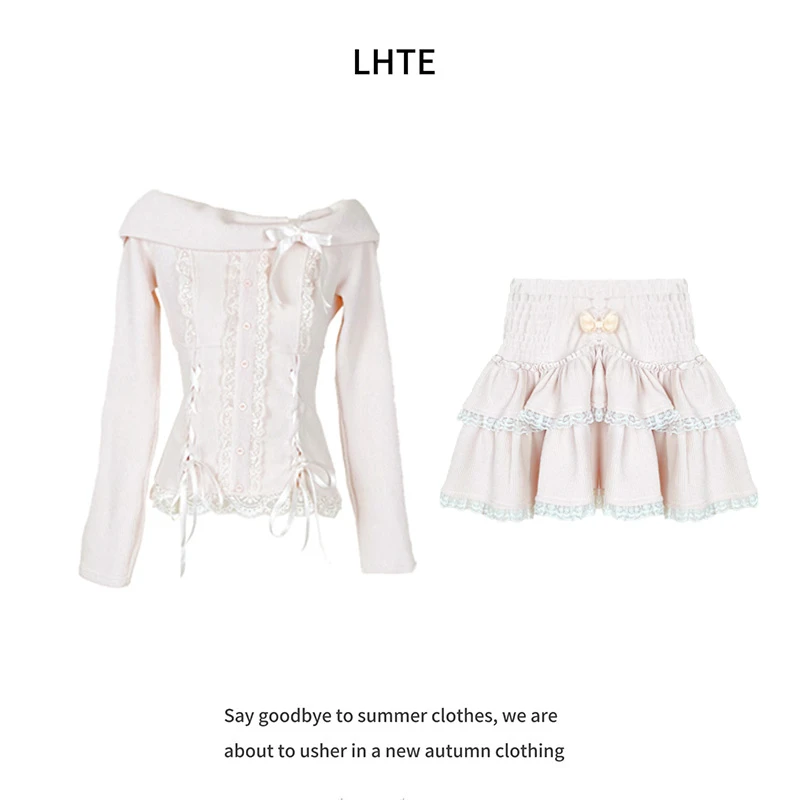 青青大码女装 春甜美风穿搭粉色一字肩上衣+蕾丝蛋糕裙T4311粉色