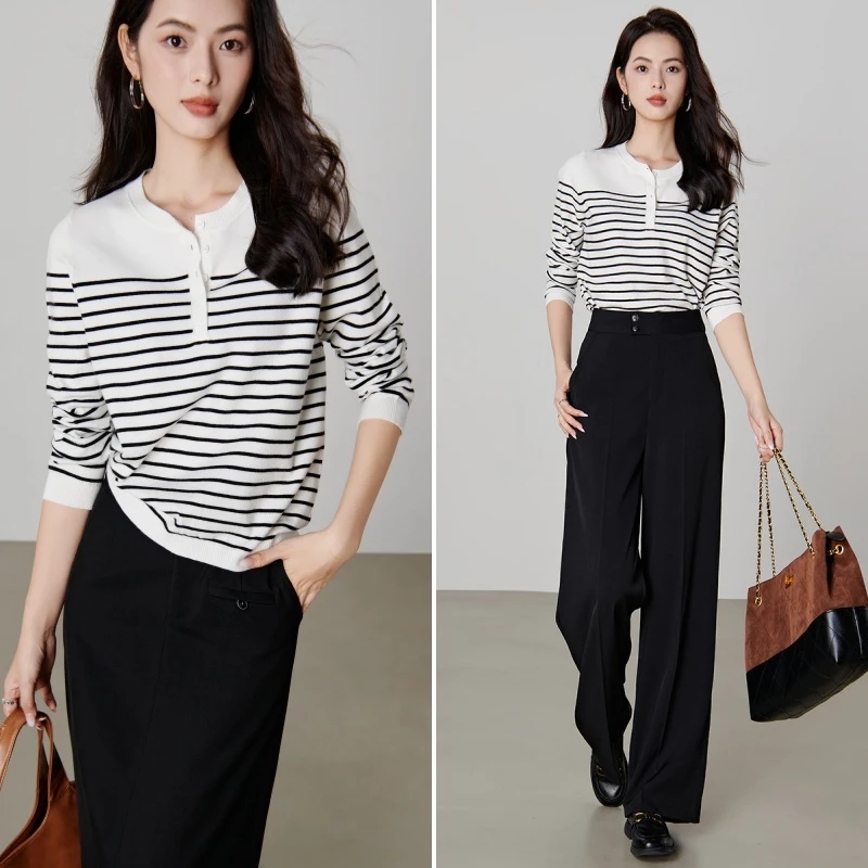 晚白【新品】2025含圆领上衣干练套头针织衫女25052522