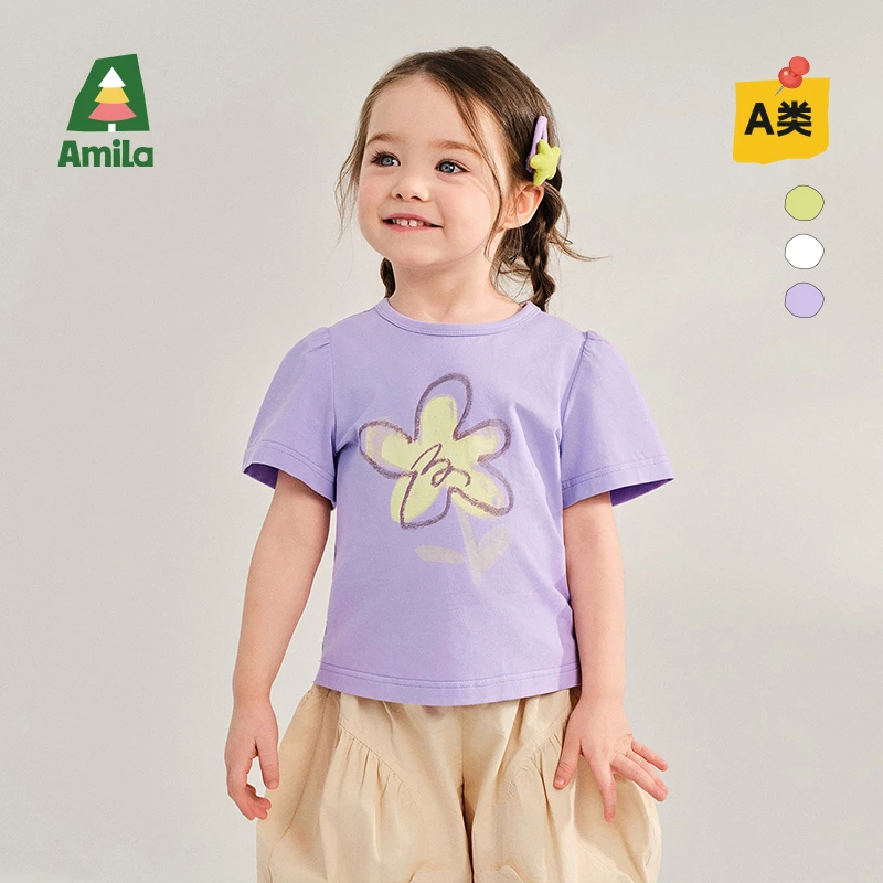 Amila啊咪啦儿童夏季2025年纯色中性涂鸦造型舒适T恤XX5TX057