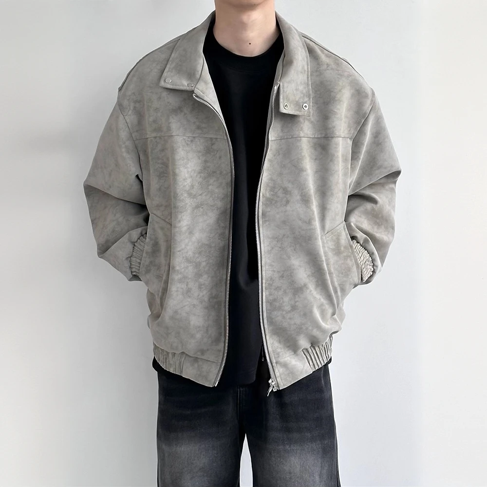 美式复古高街cleanfit纹皮衣外套男春秋季扎染皮夹克休闲痞帅外套