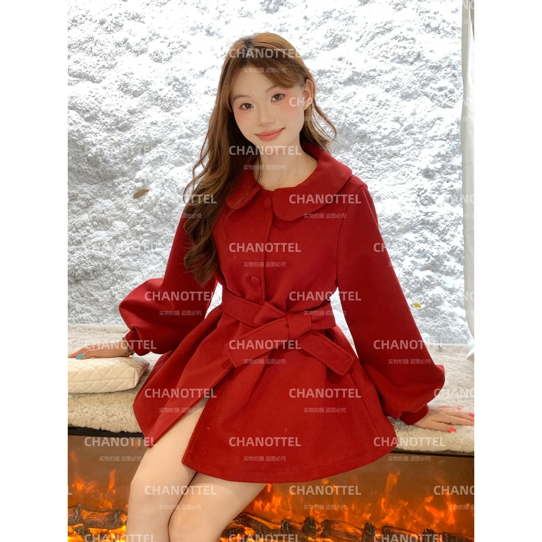 CHANOTTEL 冬季新款娃娃领毛呢外套红色女装休闲灯笼袖大衣