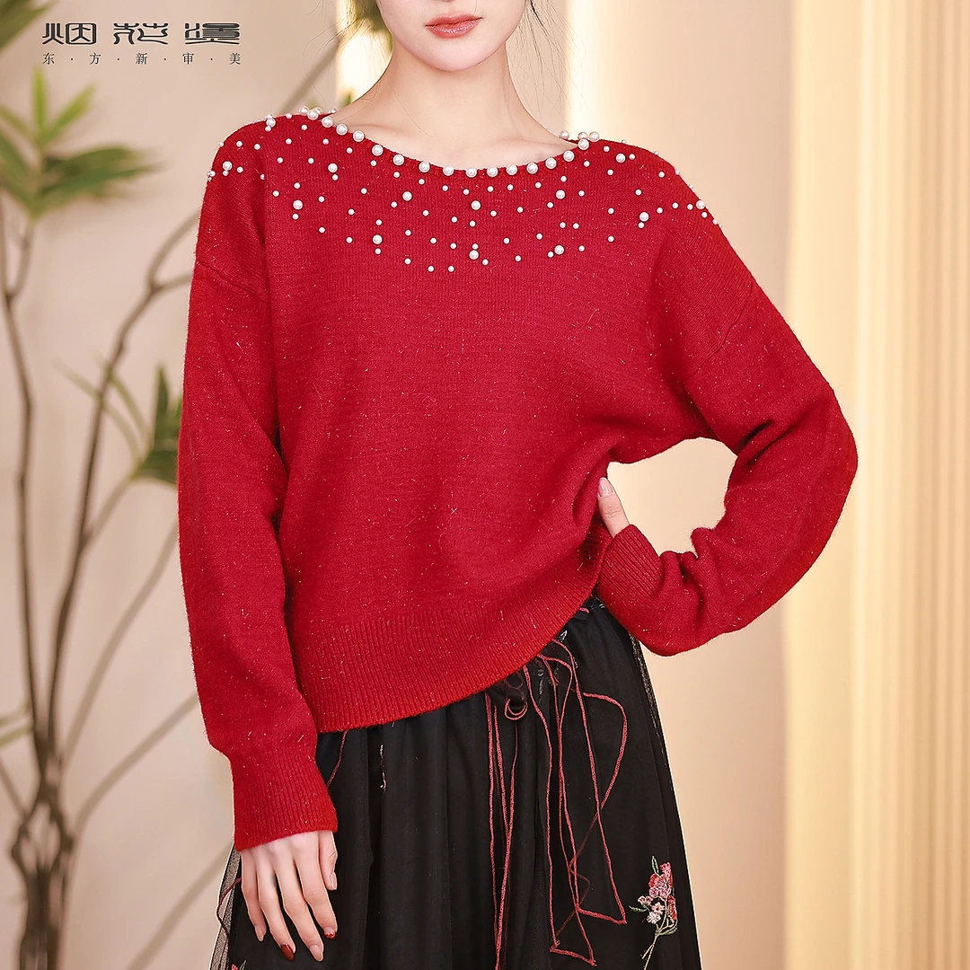 烟花烫小个子气质气质红色针织毛衣女 春季新款设计感上衣 幻翠