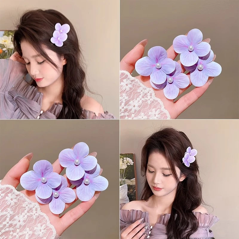 小清新甜美仿真双花朵珍珠发夹少女前额碎发夹侧边鸭嘴夹头饰发卡