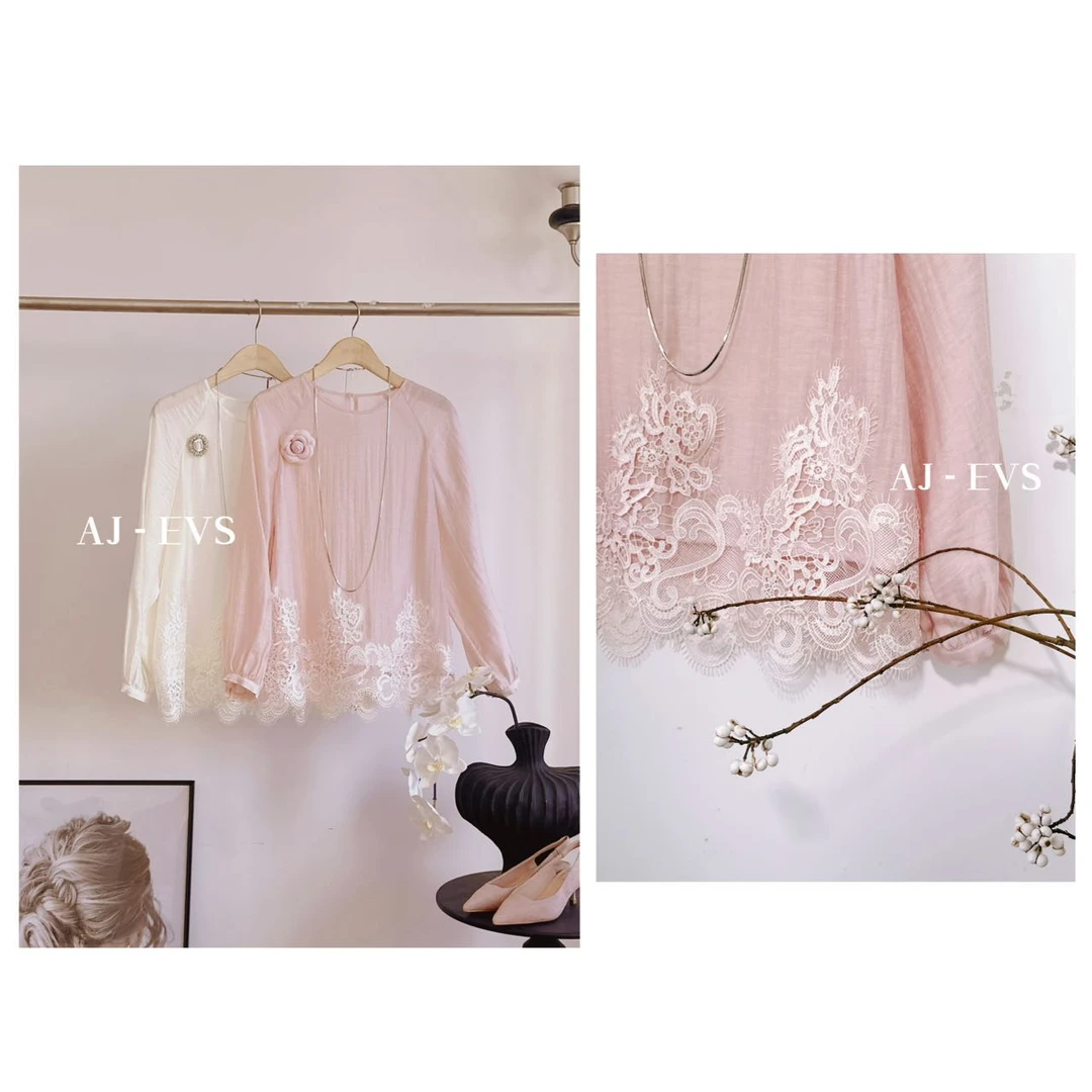 AJ-EVS【温婉姿色· 进口蕾丝绣花真丝混纺优雅衬衫上衣】