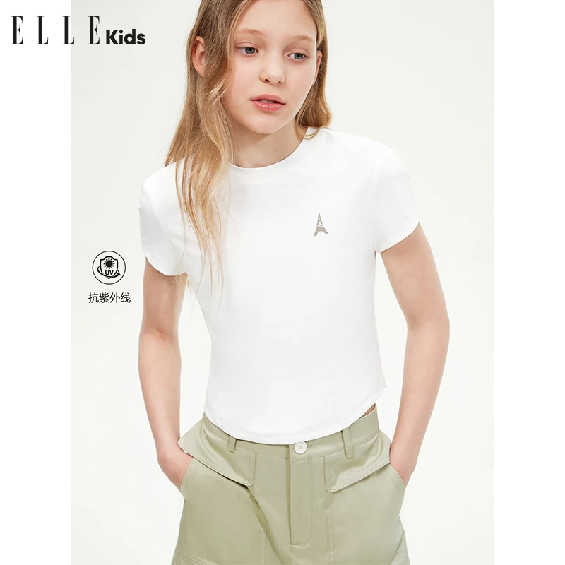 ELLE KIDS童装 精致印花弹力瑜伽合身微收腰正肩圆领短袖T恤X1
