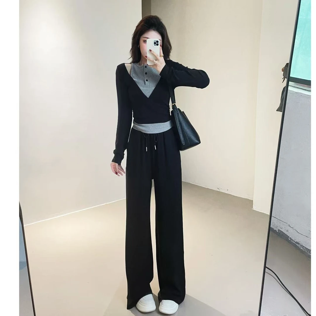 2025年春季新款假两件时尚套装气质显瘦修身高腰黑色直筒长袖