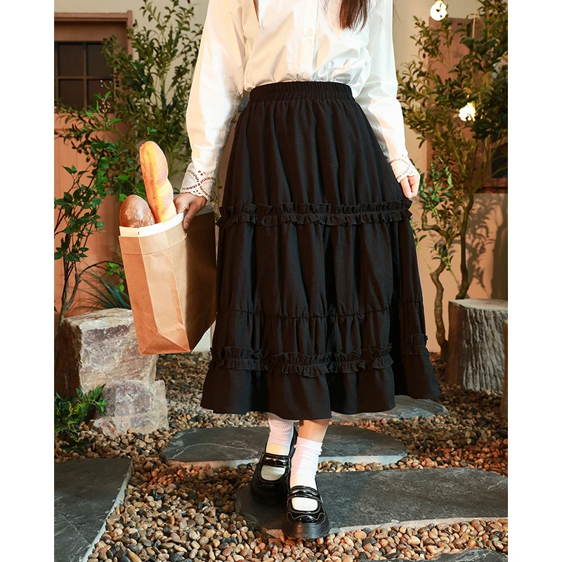 【西町村屋】W半身裙女春文艺中长款摆裙褶皱木耳边拼接 AA8412009