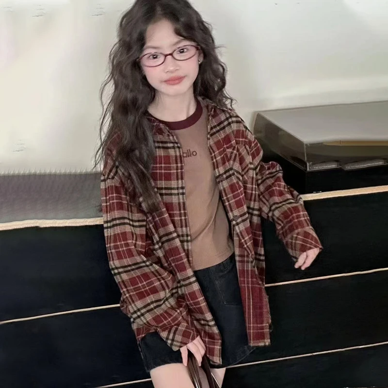 女童衬衫早秋2025新款韩版儿童美式复古格子衬衫春秋宽松长袖衬衣