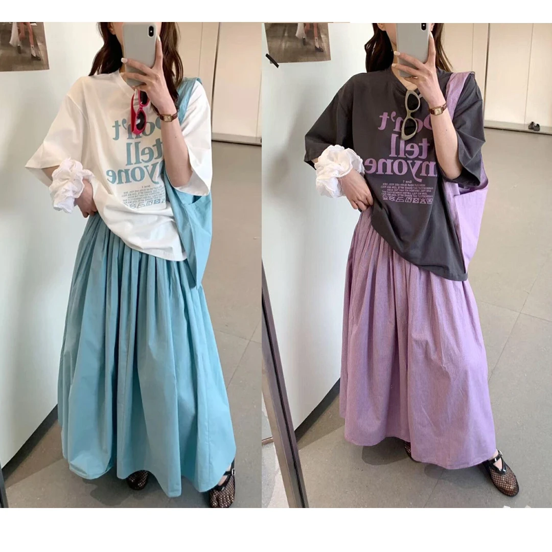 2025新款宽松字母T恤&松紧半身裙&包包三件套套装