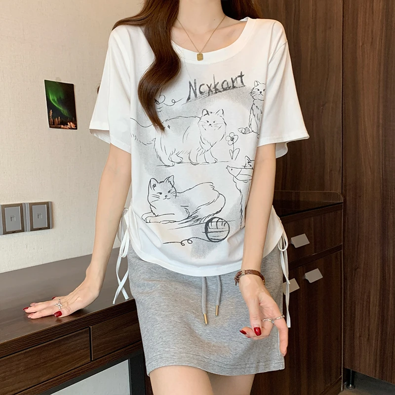 5775大码女装夏季新款慵懒小猫抽绳薄款短袖上衣遮肉正肩上衣