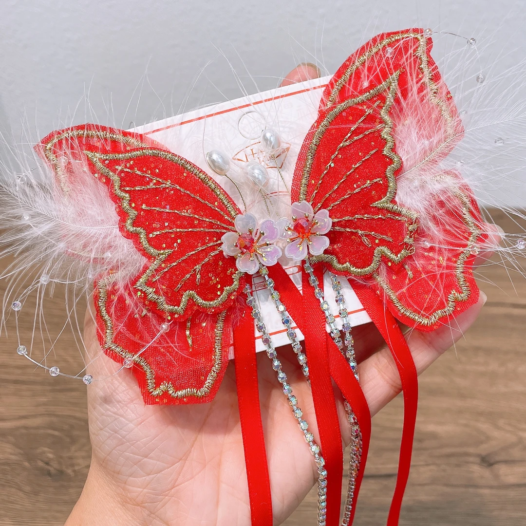 A-6146 hn 1对红色蝴蝶羽毛儿童布艺古风百搭鸭嘴夹     发圈