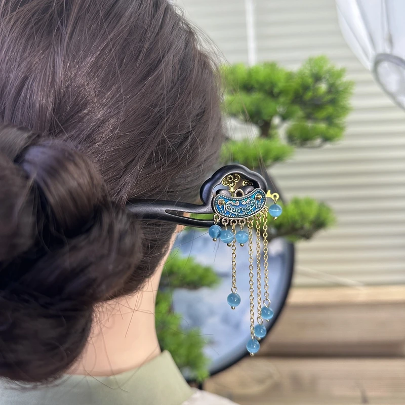 X547蓝锁旗袍头饰发饰复古古风古典手工气质国风简约簪发手工发簪