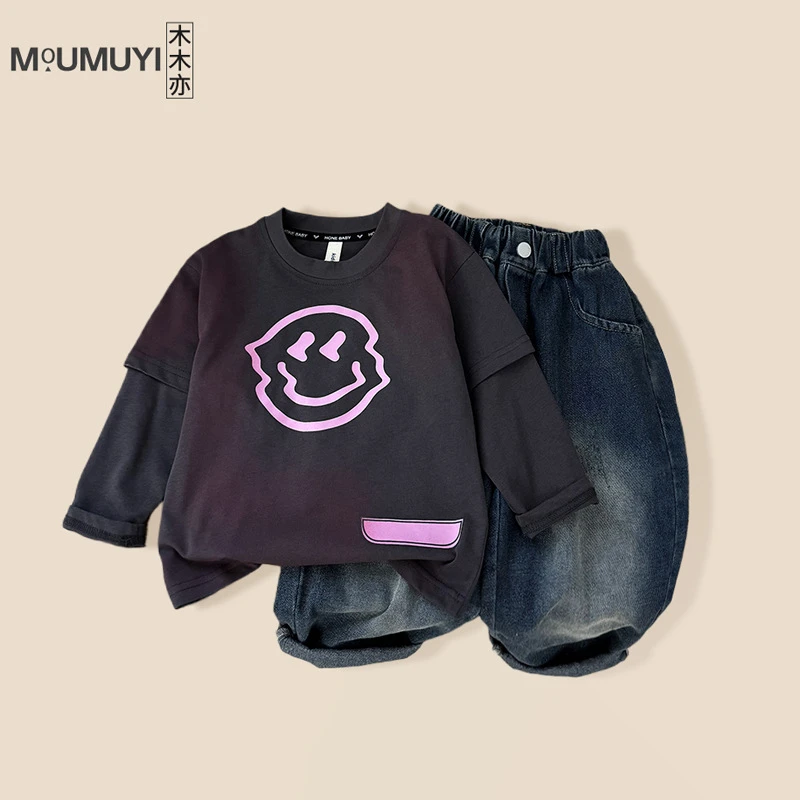 儿童韩版笑脸T恤2025春季新款休闲风男童假两件打底衫纯棉202503