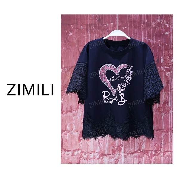 【亮哥女装】2025欧版藏黑蓝拼接蕾丝印花时尚休闲短袖9513