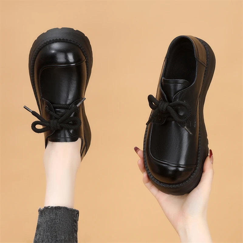百搭轻便浅口系带小皮鞋2025春季新款厚底英伦风乐福鞋软底女鞋子