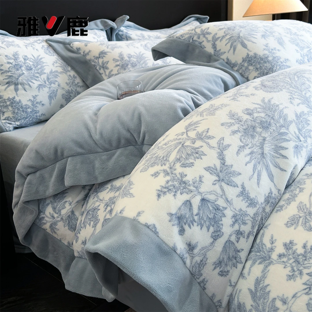 雅鹿A类加厚牛奶绒四件套冬季法兰绒双面绒宽边被套罩床上三件套