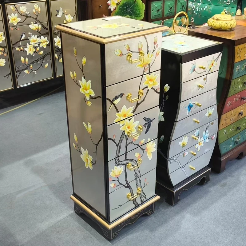 新中式银箔彩绘复古实木卧室五斗柜客厅收纳柜装饰柜玄关多斗柜子