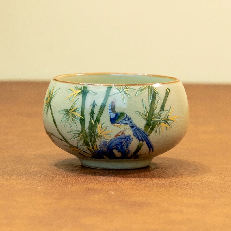 小罗汉竹节鸟开片65毫升大号陶瓷茶杯手绘品茗杯主人杯茶具家用