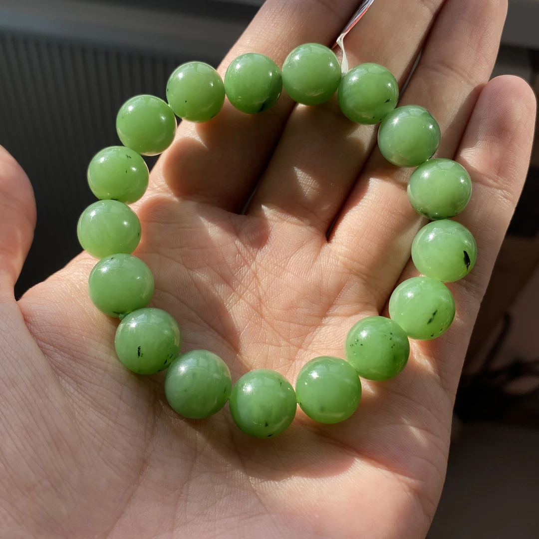 关注福利12mm和田玉俄碧玉手串 苹果绿精品女士清新时尚绿色