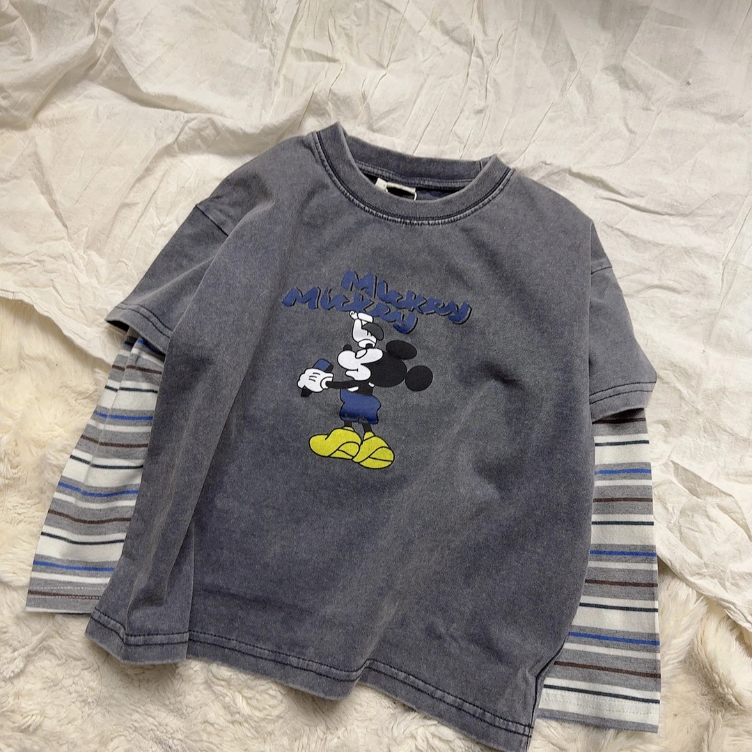 假两件卡通老鼠水洗T恤纯棉男童女童宽松韩版