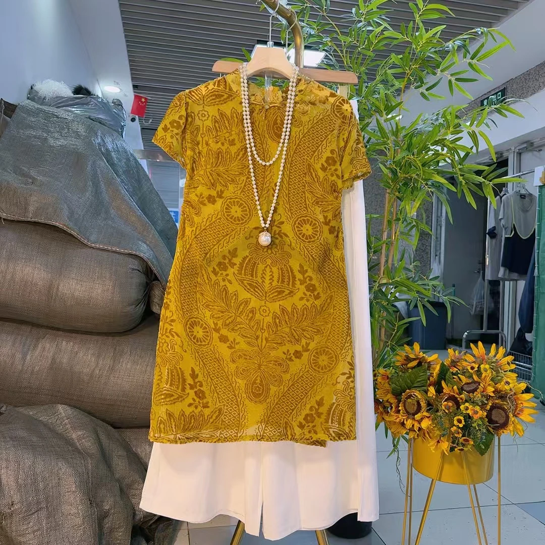 新中式国风盘扣提花衫阔腿裤套装改良民族风微胖大码遮肉显瘦9956