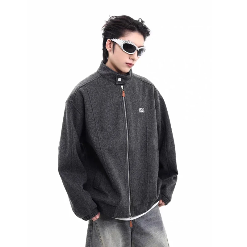 美式复古毛呢刺绣外套男2025春季潮流慵懒风情侣百搭立领夹克