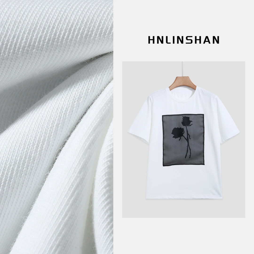 HNLINSHAN【浪漫】休闲网纱拼接印花T恤BXS8012