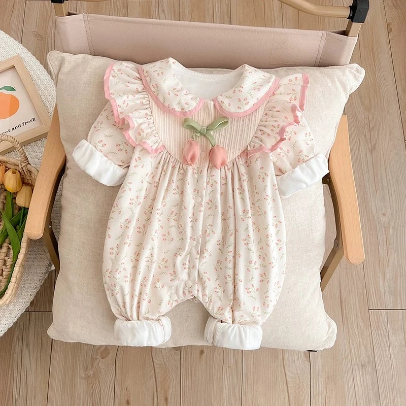 郁金香春秋可爱风公主风长袖哈衣爬爬服婴儿双层满月新生儿宝宝