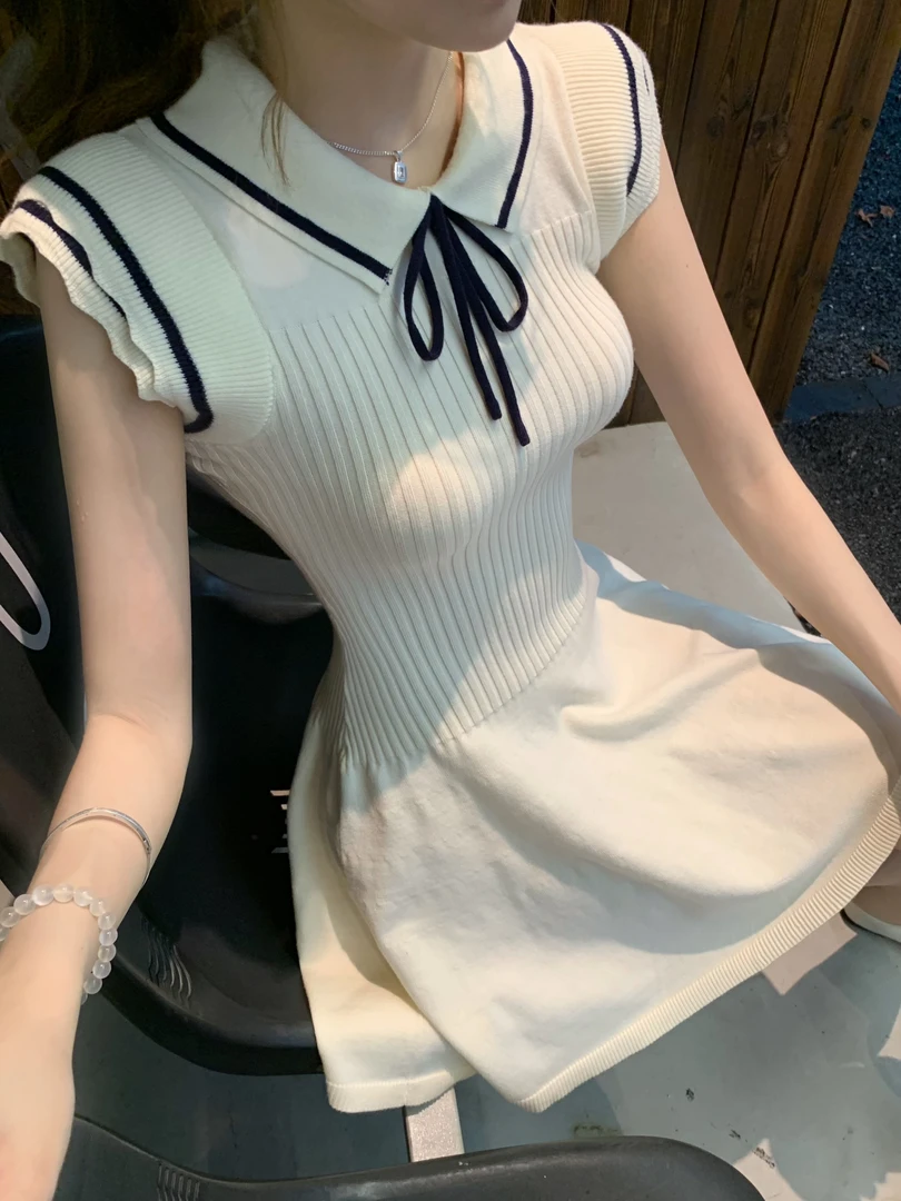 白水女 海盐学院 海军风小飞袖软糯毛织系带连衣裙女B50752769