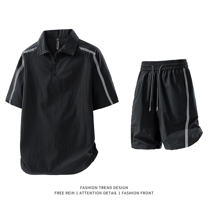 MTVO短袖短裤套装夏季时尚立领休闲服男款撞色条纹情侣款两件套