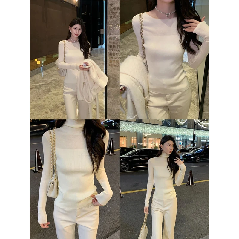 秋冬白色圆领肌理感显瘦针织衫女韩系修身内搭打底衫气质拼接上衣