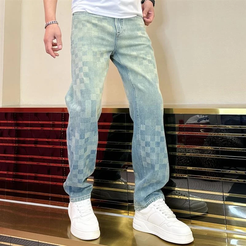 高档男装秋冬男士轻奢渐变格子牛仔裤时尚直筒韩版休闲长裤秋冬潮