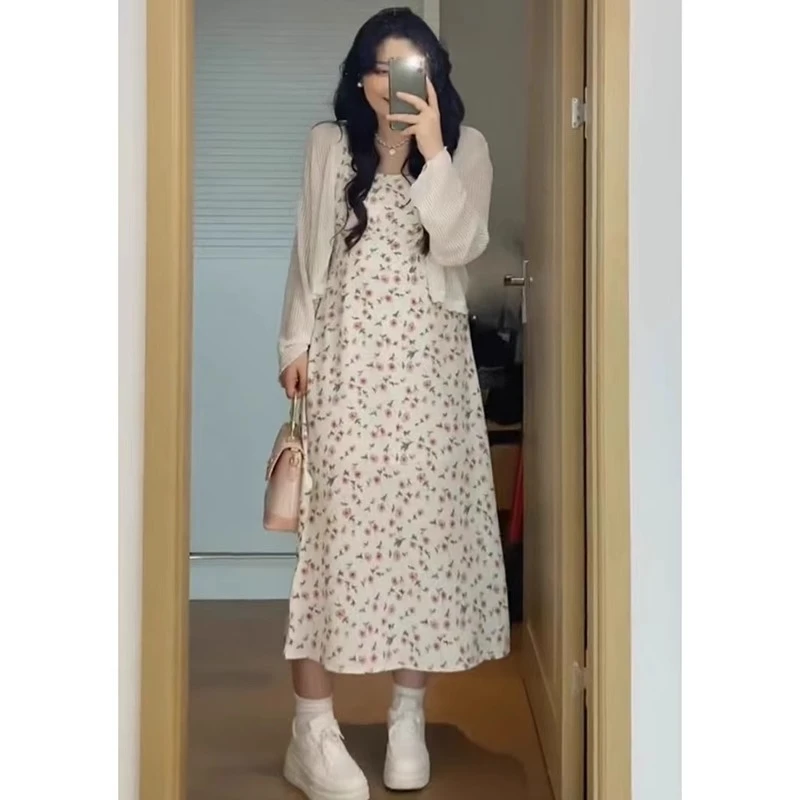 大码女装胖mm法式温柔风吊带碎花连衣裙女夏气质显瘦遮肉开衫套装