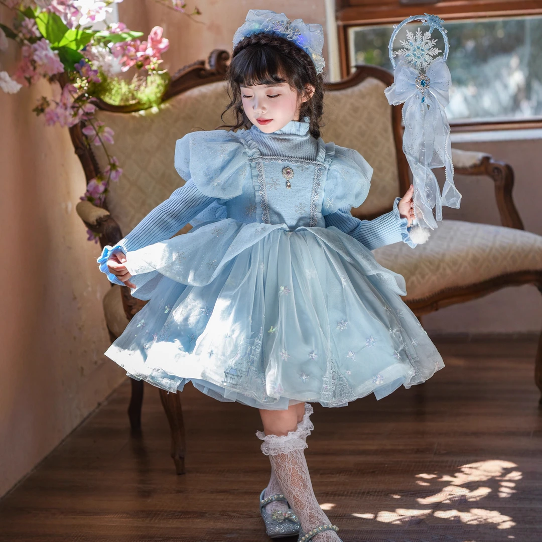艾莎公主裙女童秋冬蓬蓬纱裙儿童冰雪奇缘连衣裙女孩爱莎毛衣裙子