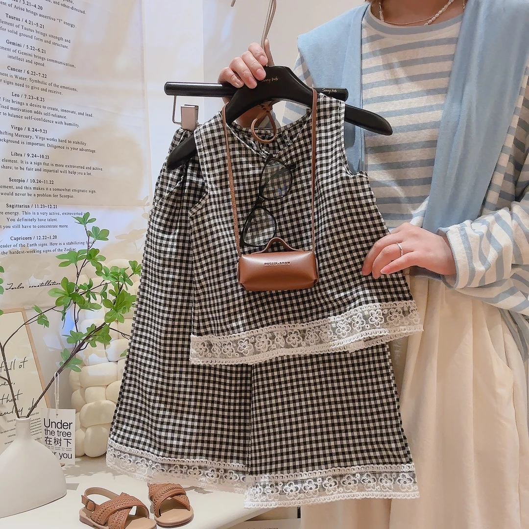 女童套装2025夏季新款儿童森系韩版蕾丝格子无袖上衣阔腿裤两件套
