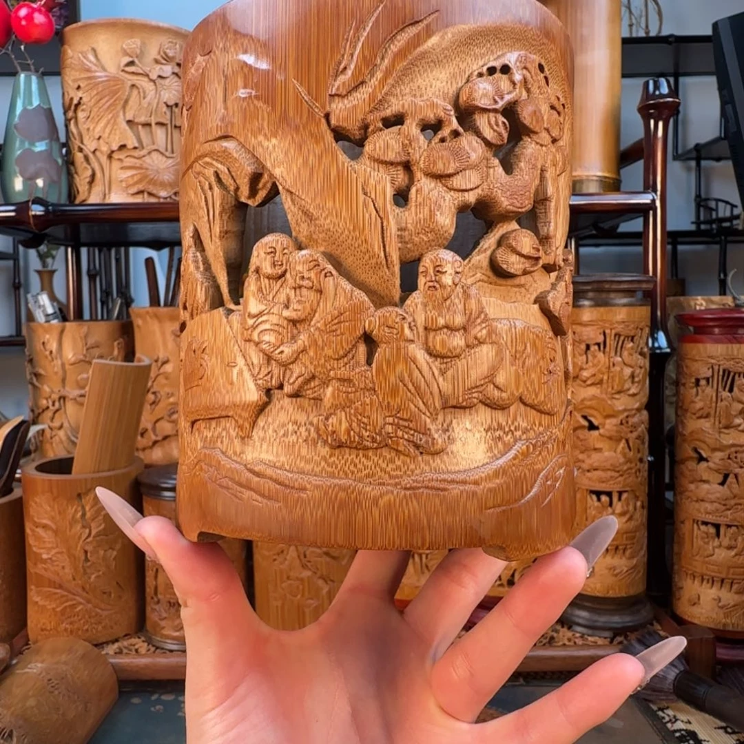 香榧木八仙醉酒大号笔筒