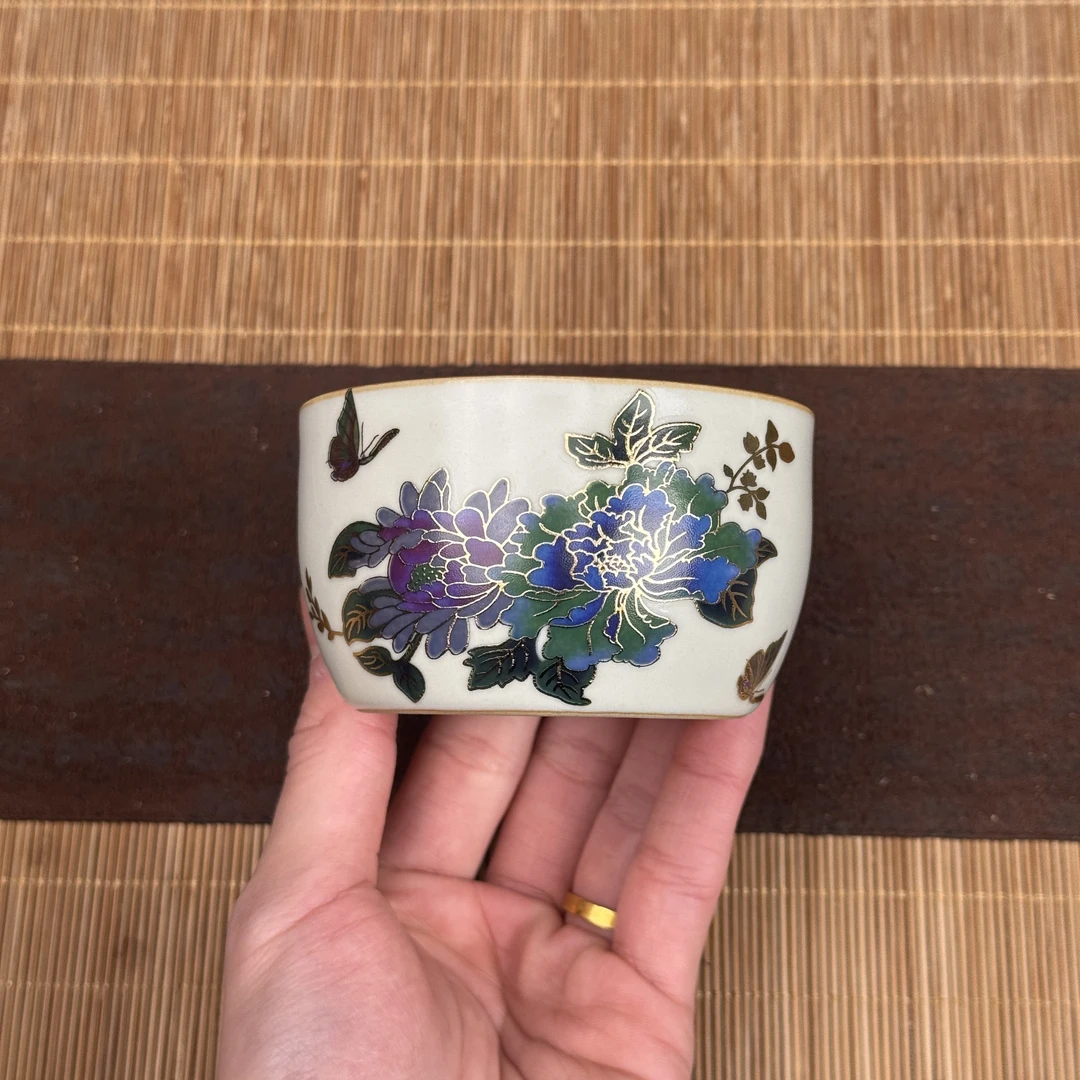 德化汝窑变色牡丹直边主人杯 A174