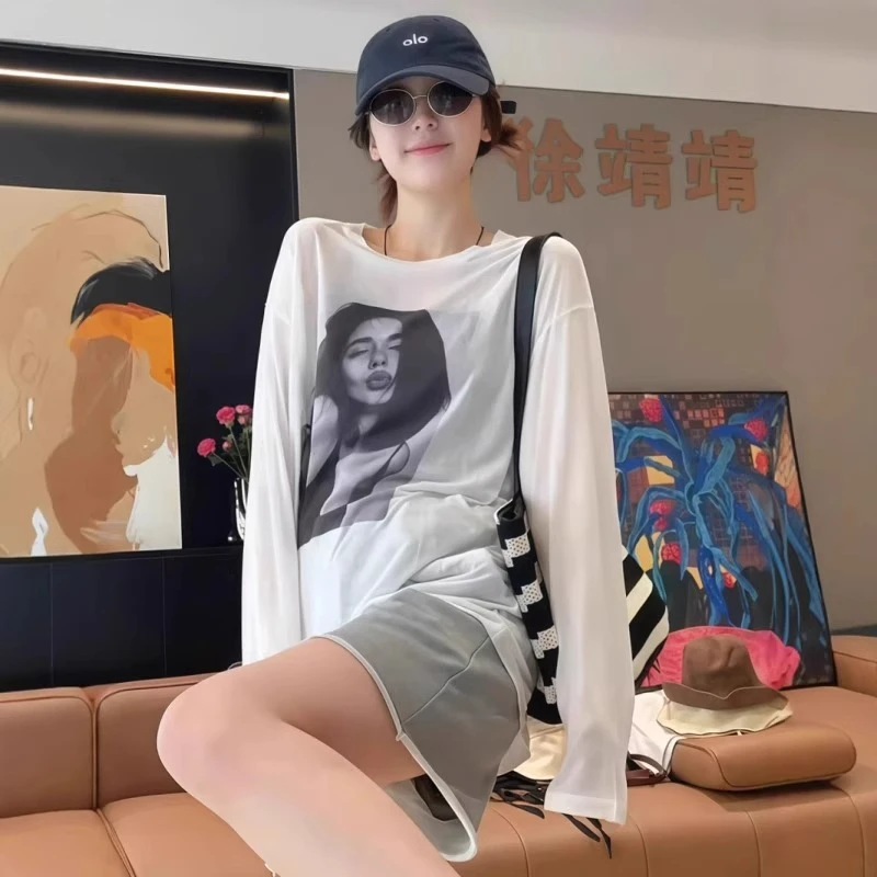 白色长袖t恤女2025夏季新款爆款美式宽松中长款薄款防晒罩衫上衣