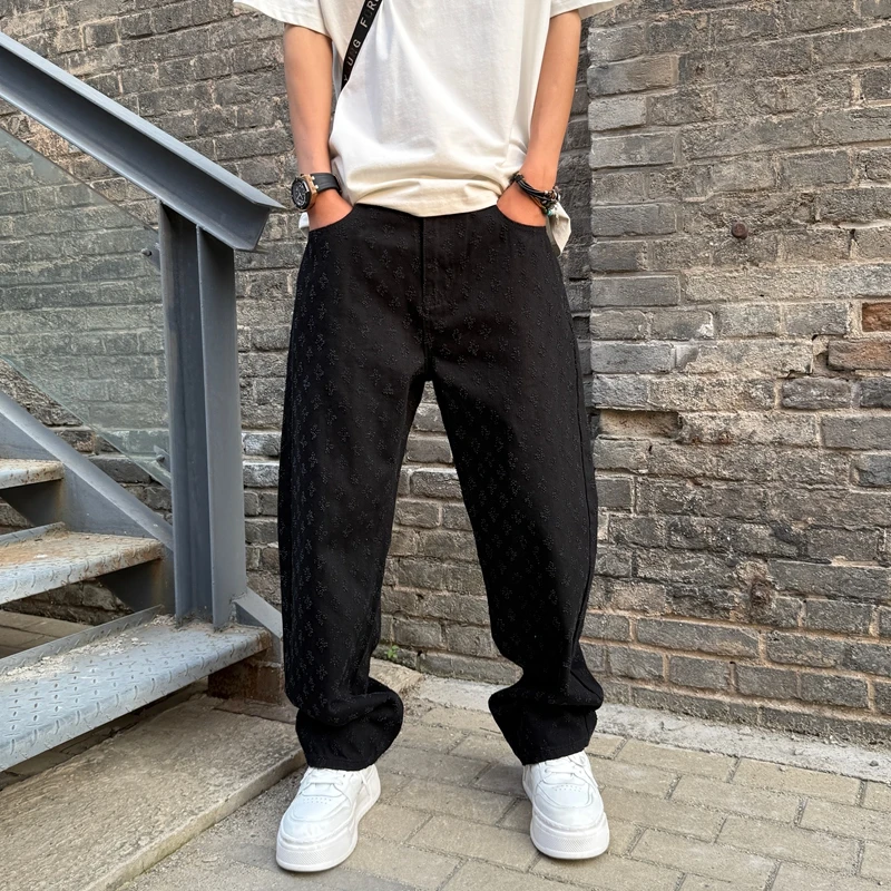 秋季新款牛仔裤男款提花宽松直筒阔腿裤高街时尚潮流休闲牛仔裤子