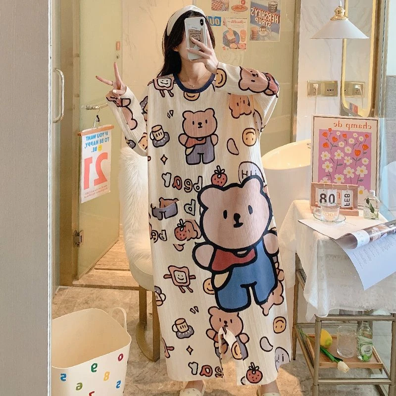 长袖睡裙连体款女士长款宽松睡衣卡通可爱棉质少女韩版休闲家居服