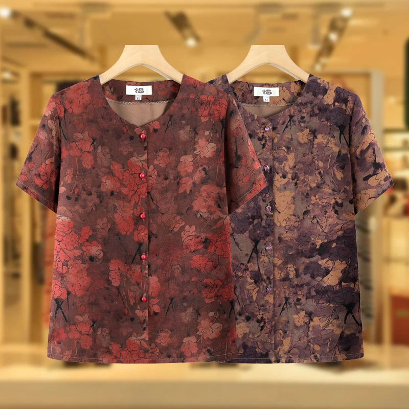 中老年人女装夏季短袖衬衫老太太衣服奶奶装圆领衬衣妈妈装上衣
