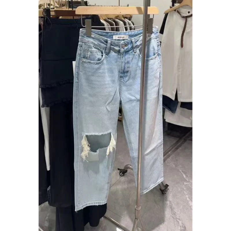 唐芯媛夏季新款时尚百搭破洞牛仔裤女梨型身材宽松显瘦直筒法棍裤