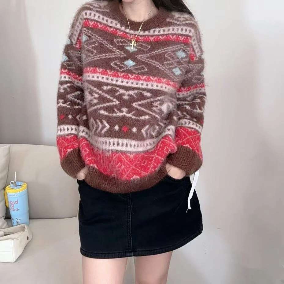 【俩月羊绒】拉绒工艺251297-100山羊绒时尚费尔岛提花针织套头衫