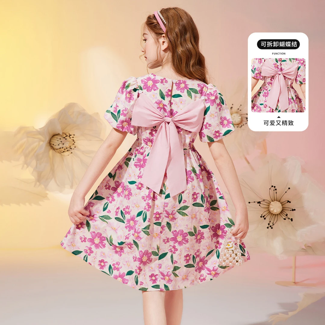 ASK JUNIOR女童连衣裙2025夏薄儿童时尚花朵满印蝴蝶结休闲公主裙