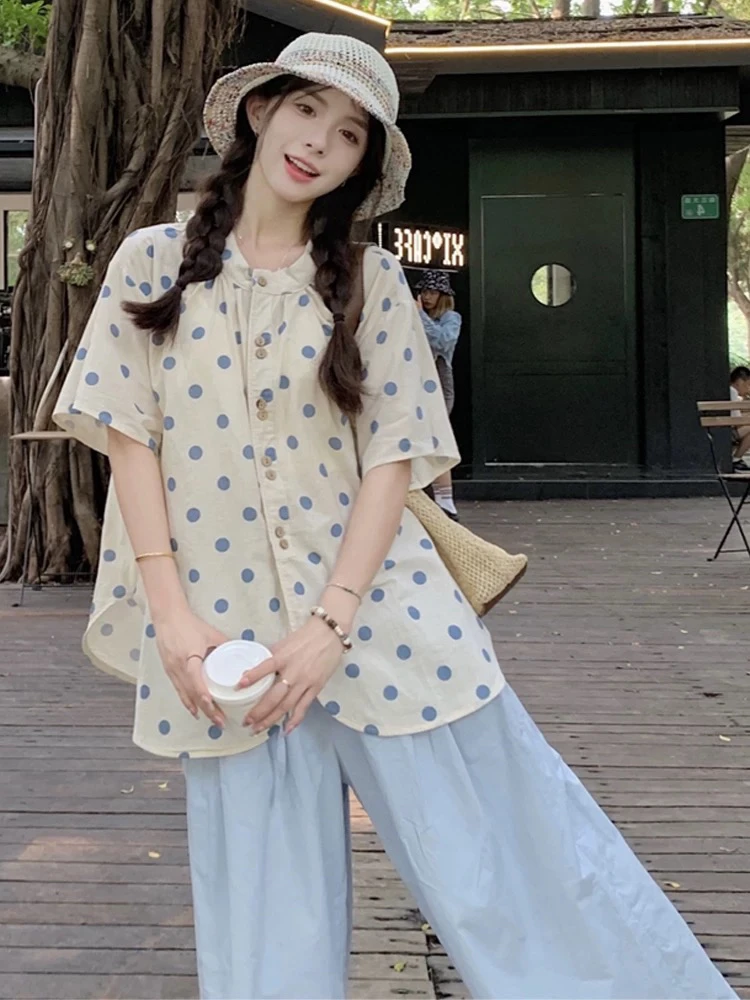 蓝莓奶茶  波点文艺小清新复古下摆不规则短袖衬衫